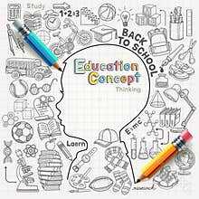 Education concept thinking doodles icons set.