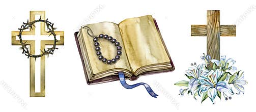 Hand drawn watercolor illustrations set of Christian symbols for Easter or Lent. Includes a gold cross with a crown of thorns, an