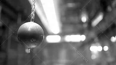 Wrecking ball hanging from chain swinging indoors