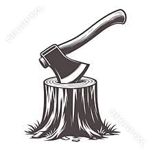 Woodcutting Axe on Tree Stump Detailed Black and White Forestry Vector Illustration