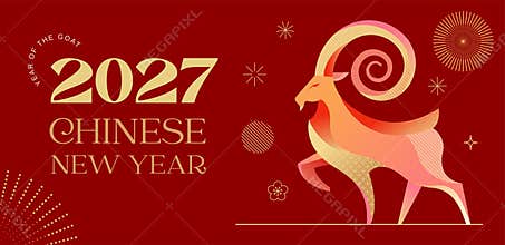 Chinese New Year 2027 banner, poster and greeting card template. Year of the Goat modern red and gold vector background