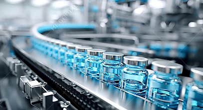 Pharmaceutical manufacturing conveyor belt carrying vaccine vials