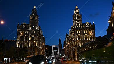 Panoramic evening view, streetscape and skyline of Budapest, Hungary. the newly renovated Klotild twin towers