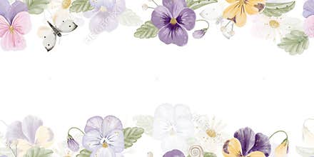 Seamless watercolor floral border pattern with top and bottom botanical borders