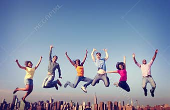 Cheerful People Jumping Friendship Happiness City Concept