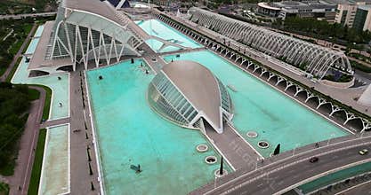 Aerial drone view flying over Valencia's City of Arts and Sciences