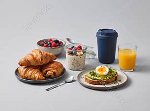 Nourishing breakfast spread featuring golden croissants creamy oatmeal with berries avocado toast with a soft-boiled egg