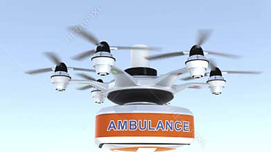 Drone carrying first aid kit for emergency medical care concept