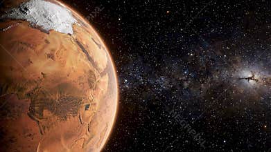 Realistic Mars from Orbit showing Red Textured Deserts and Ice Caps
