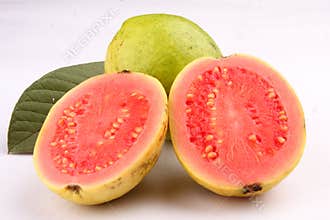 Slices of Fresh organic guava fruit with leaf.