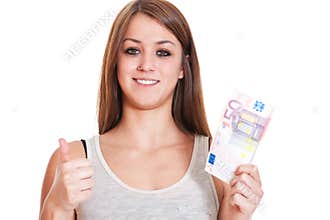 Woman shows thumbs up and 50 euro