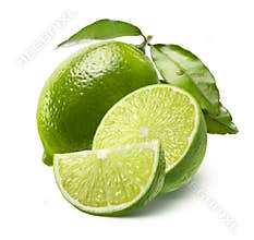 Whole lime, half and quarter slice isolated on white
