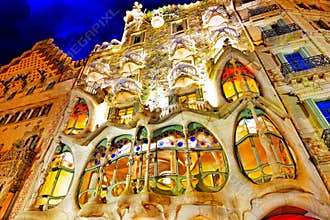 Night outdoor view Gaudi's creation-house Casa Batlo.