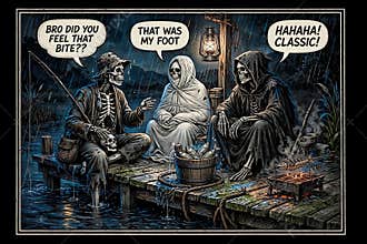 Three Skeletons Fishing on Rainy Night Dock Funny Horror Comic