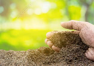 Soil in hand with organic garden - agriculture.