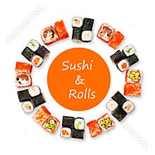 Set of sushi, maki and rolls isolated on white background