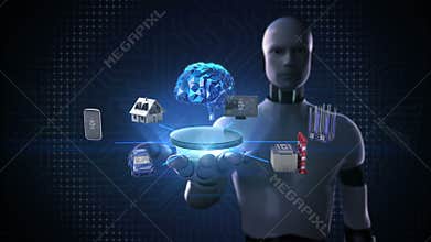 Robot, cyborg open palm, Devices sensor icon connecting Digital brain, artificial intelligence. Internet of things.