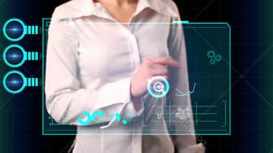 The girl selects on the virtual screen the inscription Inbound marketing. Modern marketing concept.