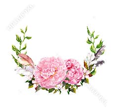 Floral wreath with pink peony flowers, feathers. Romantic card in retro boho style. Watercolor