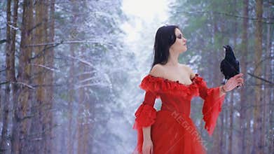 Raven sitting on a swinging arm of the girl in a red dress