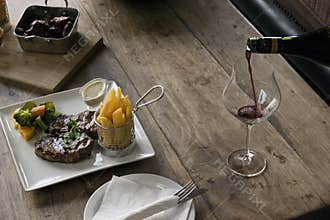 Steak dinner with wine