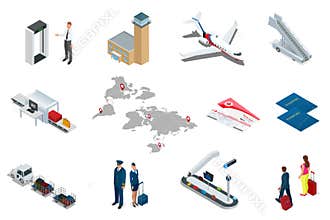 Isometric Airport Travel and transport Icons. Isolated people, airport terminal, airplane, traveler man and woman