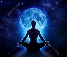 Yoga woman in moon and star. Meditation girl in moonlight