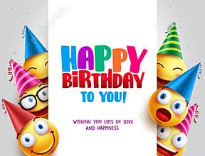 Happy birthday vector design with smileys wearing birthday hat