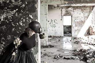The girl in a gas mask. The threat of ecology.