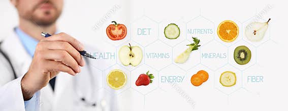 Healthy food concept, Hand of nutritionist doctor pointing fruit