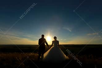 Wedding couple hold hands on the sunset. Silhouette of Bride and Groom