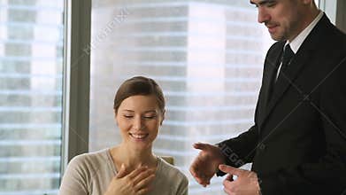Male boss getting acquainted welcoming employee, nice to meet you