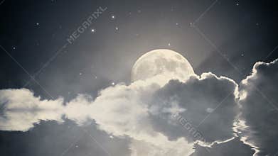 Starry night sky with clouds and full moon. Water reflection effect