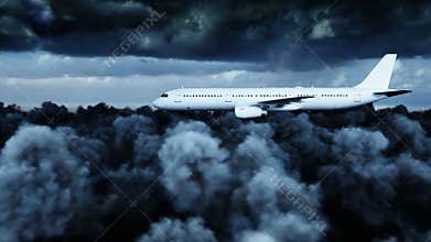 Passenger airbus a321 flying in the clouds. bad weather. Realistic 4K animation.