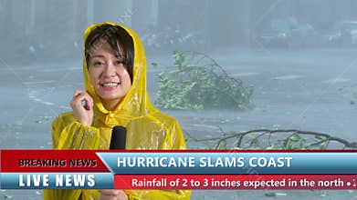 Asian female TV weather reporter reporting bad storm