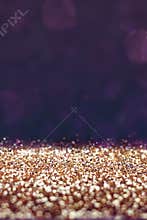 Vintage filter, Gold glitter floor with purple bokeh background, Perspective space for adding your product