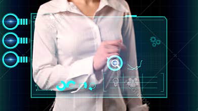 The girl selects on the virtual screen the inscription Cyber investment. Modern marketing concept