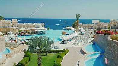 Sharm el Sheikh, Egypt, March, 2017: A luxurious hotel on the first line of the Red Sea. A large swimming pool