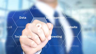 Upgrade, man working on holographic interface, visual screen