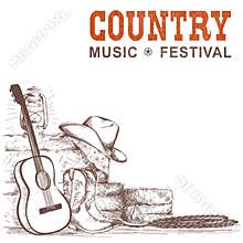 Country music background with guitar and american cowboy shoes a