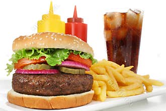 Hamburger fast food meal with french fries & soda