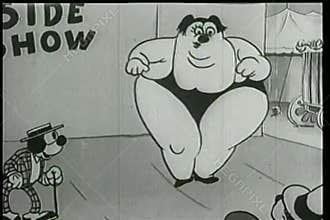 Cartoon of large dancing lady side show attraction