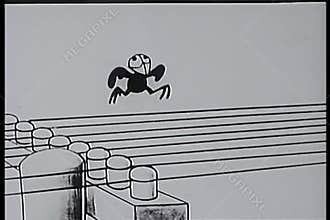 Cartoon of bird plucking telephone lines like guitar strings