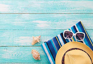 Summer Holidays. Beachwear on wooden background