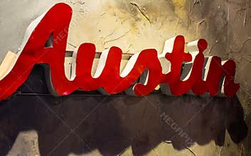 Austin Texas Metal Sign Hanging Wall close up angle