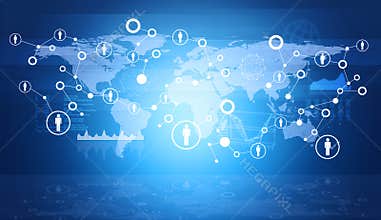 Blue background with map and charts