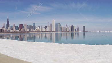 Chicago skyline reflecting on ice