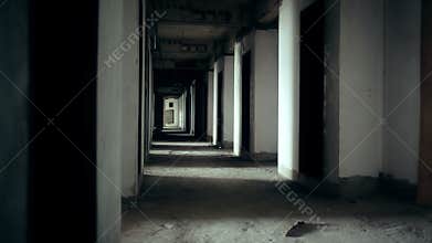 Horror movie scene of hallway abandoned building by camera dolly with tracking shot in HD, can use any background