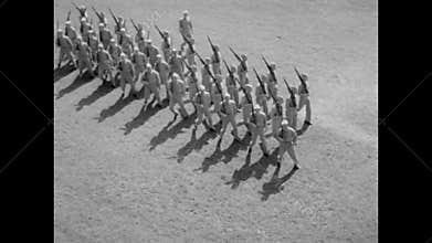 High angle shot of soldiers marching at Army base