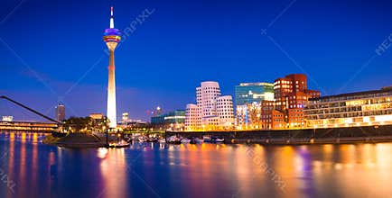 Colorful night scene of Rhein river at night in Dusseldorf